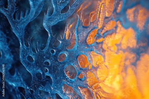 A macro photograph of intricate, porous structures with blue hues merging into vibrant shades of orange and yellow.