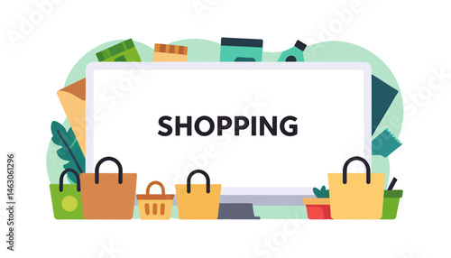 Online Shopping Concept_Digital Retail Illustration with Colorful Shopping Bags and Packages_E Commerce Marketing and Promotional Graphics for Sales and Discounts