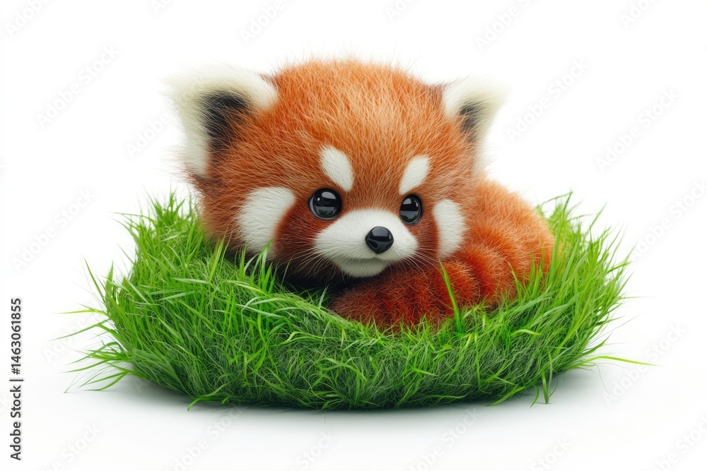 Obraz premium A cute red panda cub curled up in a vibrant patch of green grass, against a plain white background.