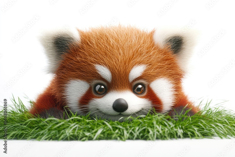 A cute red panda with brown eyes laying in green grass, looking playfully at the viewer on a white background. A cute red panda with brown eyes laying in green grass, looking playfully at the viewer on a white background.
