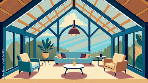 A sunroom with a vaulted ceiling exposed wooden beams and a mix of modern and vintage furniture.