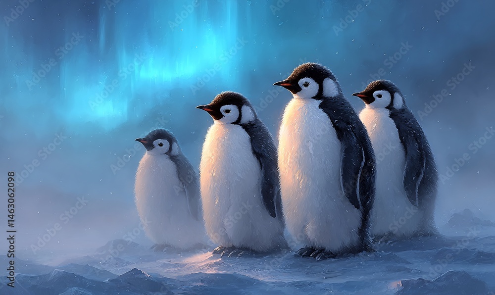 Obraz premium Adorable Penguins in Aurora