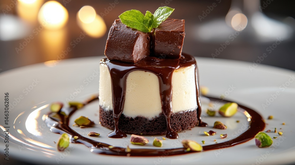 A beautifully plated dessert showcasing chocolate layers and pistachios, creatively garnished for an appealing visual treat, emphasizing the artistry in culinary presentation. A beautifully plated dessert showcasing chocolate layers and pistachios, creatively garnished for an appealing visual treat, emphasizing the artistry in culinary presentation.