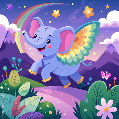 Joyful Soaring A cheerful elephant with butterfly wings flapping energetically as it ascends above a picturesque landscape. Below a rolling green meadow dotted with flowers and