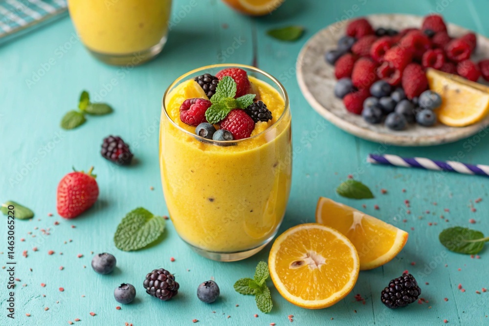 vibrant yellow smoothie with fresh berries and citrus - generated by ai vibrant yellow smoothie with fresh berries and citrus - generated by ai