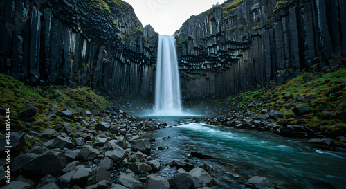 Svartifoss Waterfall Cascading Through Basalt Columns In Skaftafell Iceland