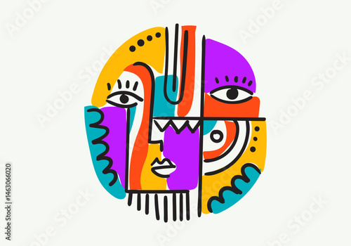 Colorful abstract portraits in cubism-pop art style, featuring bold lines, geometric shapes, expressive eyes, and symbolic human faces.