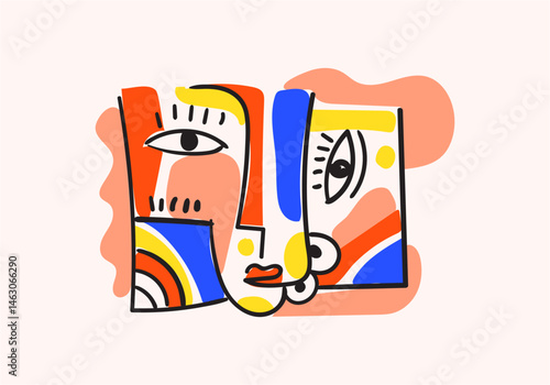 Colorful abstract portraits in cubism-pop art style, featuring bold lines, geometric shapes, expressive eyes, and symbolic human faces.