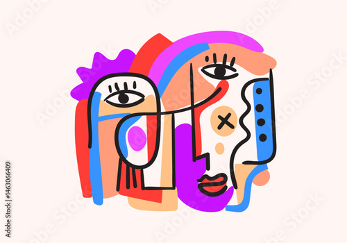 Colorful abstract portraits in cubism-pop art style, featuring bold lines, geometric shapes, expressive eyes, and symbolic human faces.