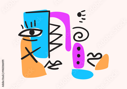 Colorful abstract portraits in cubism-pop art style, featuring bold lines, geometric shapes, expressive eyes, and symbolic human faces.