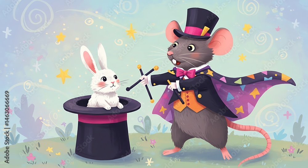 Naklejka premium Magician Mouse Performing Magic with Rabbit and Hat Illustration