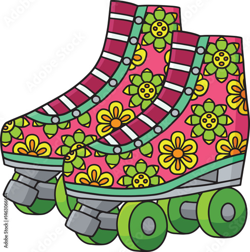 Roller Skates with Flower Prints Cartoon Clipart 
