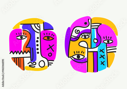 Colorful abstract portraits in cubism-pop art style, featuring bold lines, geometric shapes, expressive eyes, and symbolic human faces.