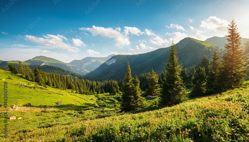 Fototapeta premium breathtaking summer day in wild mountains with coniferous forest and green slopes