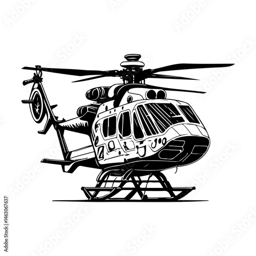 Monochrome helicopter illustration displaying detailed technical aspects of flight