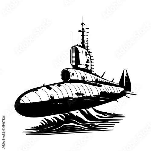Monochrome underwater vessel illustration with distinctive conning tower feature