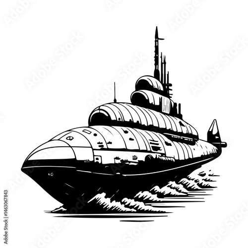 Monochrome vector illustration depicting a submarine navigating through choppy water