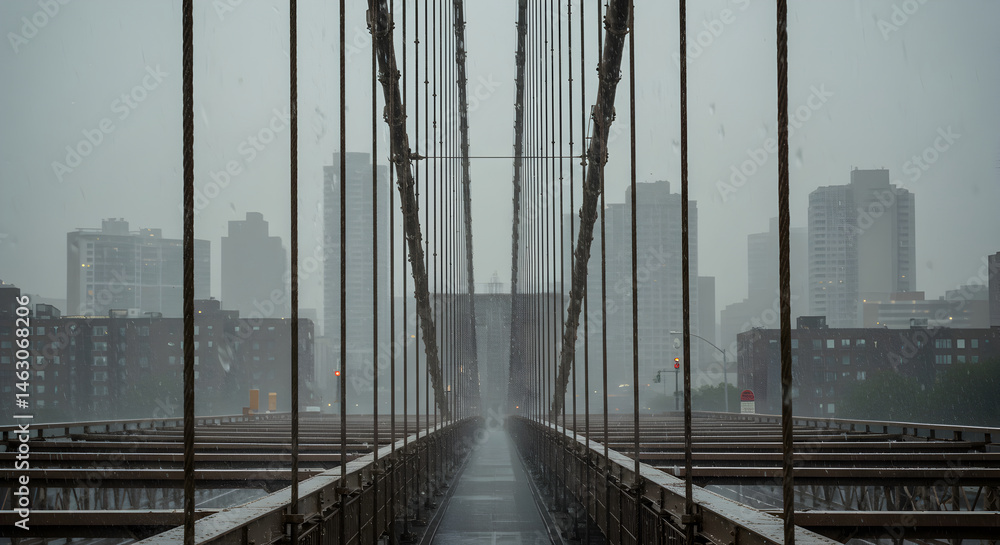 Obraz premium Rainy Perspective View Of Brooklyn Bridge Steel Cables Against Skyline