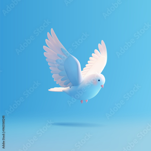 Beautiful dove on a blue background, 3D. Dove flying. For religion, celebration, symbol, peace, and message concepts. Realistic bird. Vector illustration.
