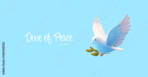 Dove of peace flying with green branch, 3D. Symbol of peace, tidings, and good news. For concepts of religion, reconciliation, and celebration. Vector illustration.