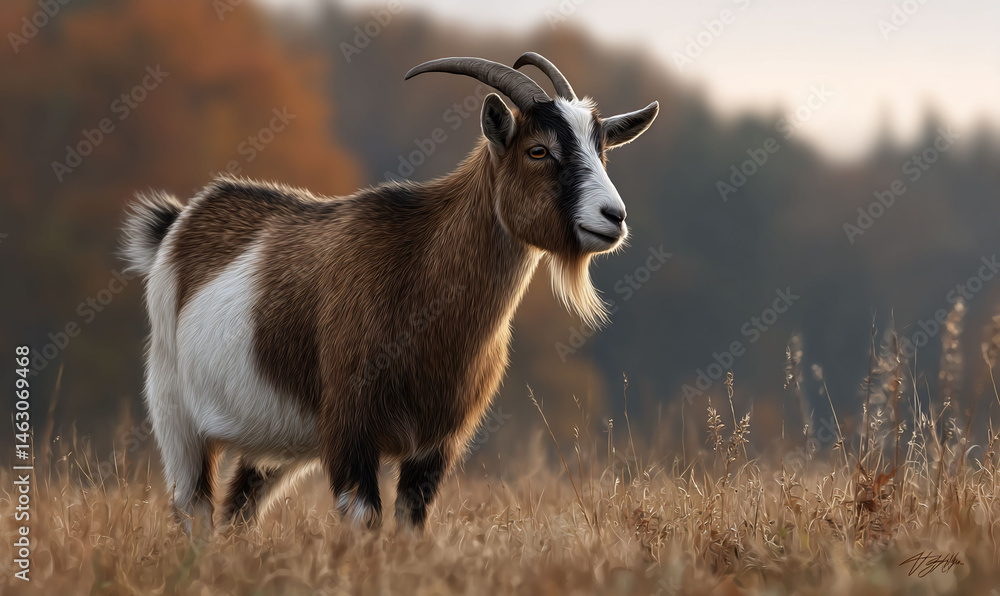 Fototapeta premium Brown goat in autumn field, standing with sun shining. Peaceful outdoor scene