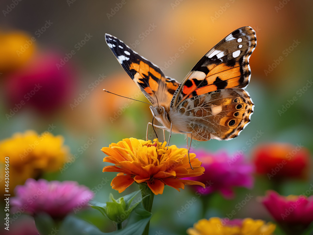 Butterfly perched on a vibrant orange flower, surrounded by colorful blooms. A nature scene of beauty Butterfly perched on a vibrant orange flower, surrounded by colorful blooms. A nature scene of beauty