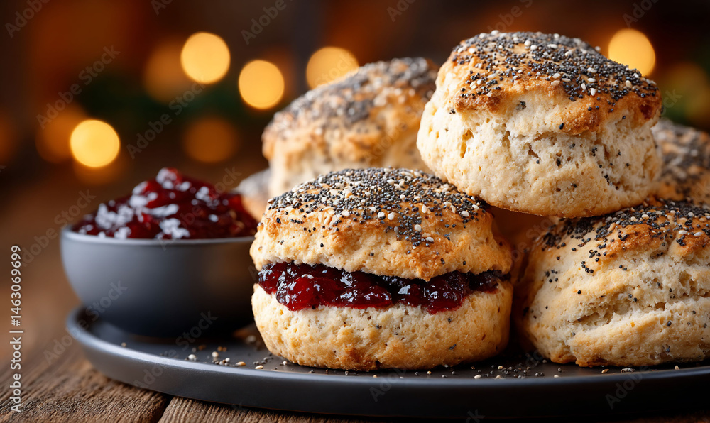 Buttery scones with poppy seeds and jam, stacked for a delightful treat Buttery scones with poppy seeds and jam, stacked for a delightful treat