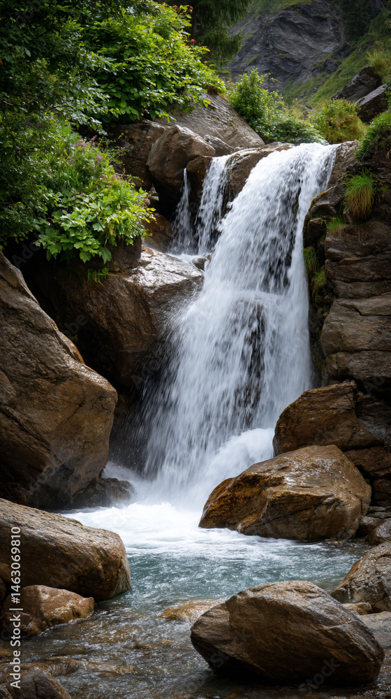 Fototapeta premium Cascading waterfall amidst rocks and lush greenery in a mountain landscape, scenic