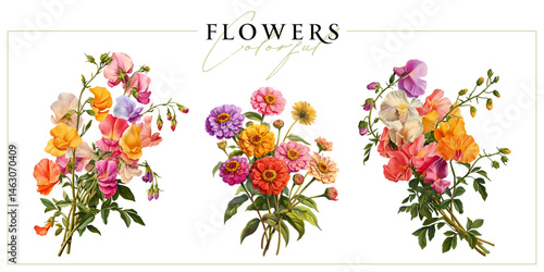 Colorful garden flowers isolated on a white background. Vintage painting style illustration.