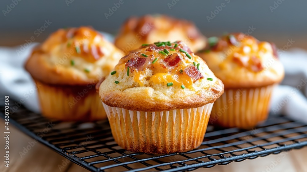 A mouthwatering display of cheese and bacon muffins, freshly baked and golden brown, perfect for breakfast or a savory snack. The details and textures make them irresistible. A mouthwatering display of cheese and bacon muffins, freshly baked and golden brown, perfect for breakfast or a savory snack. The details and textures make them irresistible.