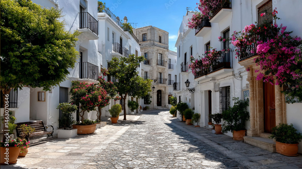 Fototapeta premium Charming stone street with white buildings and vibrant flowers, sunny day