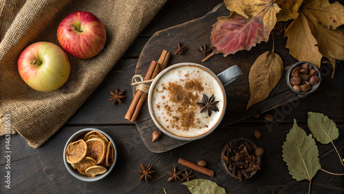 Wallpaper Mural Cozy autumn scene featuring spiced latte topped with cinnamon and star anise, surrounded by apples, dried oranges, nuts, and fall leaves Torontodigital.ca