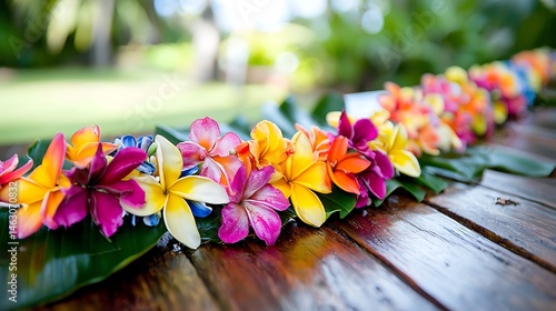 Wallpaper Mural Colorful tropical flowers arranged on a wooden table. Torontodigital.ca