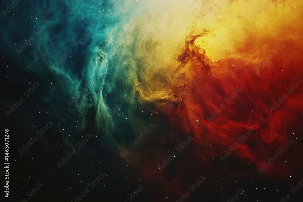 Fototapeta premium A vibrant, abstract nebula swirls with colorful gas and dust, speckled with distant stars against the backdrop of space.