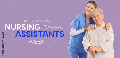 Nurse hugging senior woman on lilac background. Happy National Nursing Assistants Week