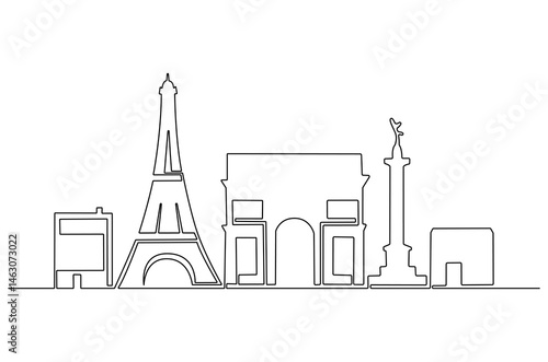 Continuous one line drawing of Paris city skyline. Single line drawing illustration of France cityscape. Beautiful buildings and architecture concept vector art. Doodle line illustration.