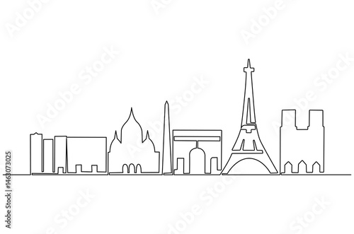 Continuous one line drawing of Paris city skyline. Single line drawing illustration of France cityscape. Beautiful buildings and architecture concept vector art. Doodle line illustration.