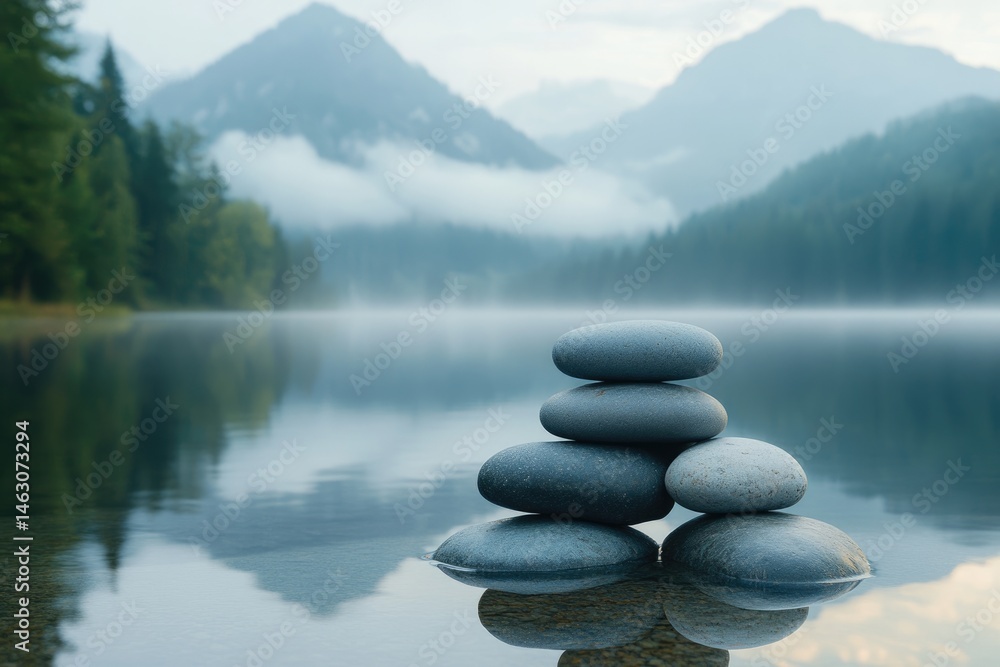 Stacked stones in a tranquil lake against misty mountains symbolize balance, serenity, and mindfulness in nature's embrace. Stacked stones in a tranquil lake against misty mountains symbolize balance, serenity, and mindfulness in nature's embrace.