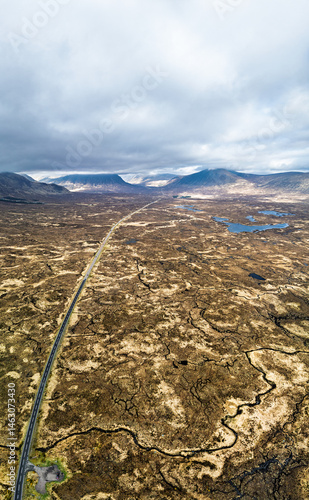 Obraz na płótnie Moors and Road A82 over Glencoe Valley from a drone, Highland, Scotland w salonie