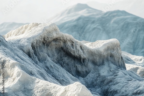 A stark, white, and barren rocky landscape stretches out, with blurred mountain ranges in the background under a pale, hazy sky.