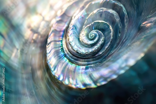 Close-up of a shimmering abalone shell, spiraling inward with iridescent colors and a captivating, natural, geometric pattern.