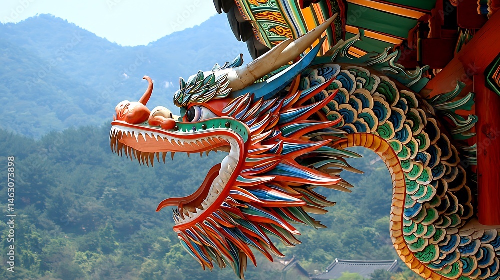 Obraz premium Colorful dragon statue on temple roof against mountain backdrop.