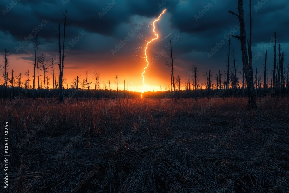 A dramatic sunset with a lightning strike illuminating a dark, silhouetted landscape of dead trees. A dramatic sunset with a lightning strike illuminating a dark, silhouetted landscape of dead trees.
