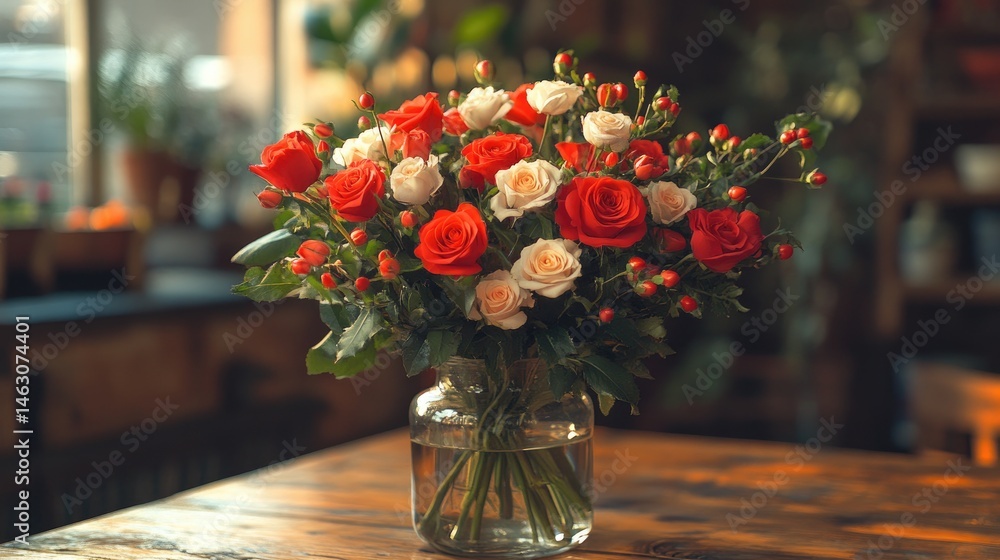 Fototapeta premium A bouquet of red and cream roses in a clear glass vase on a wooden table