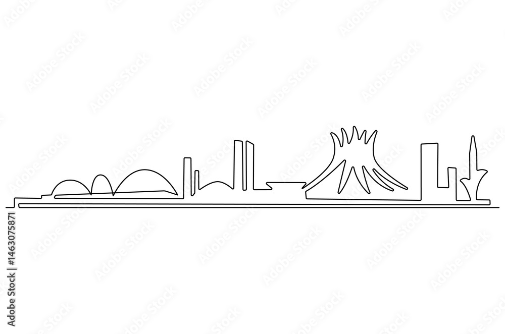 Obraz premium Continuous one line drawing of Brasilia city skyline. Single line drawing illustration of Brazil cityscape. Beautiful buildings and architecture concept vector art. Doodle line illustration.