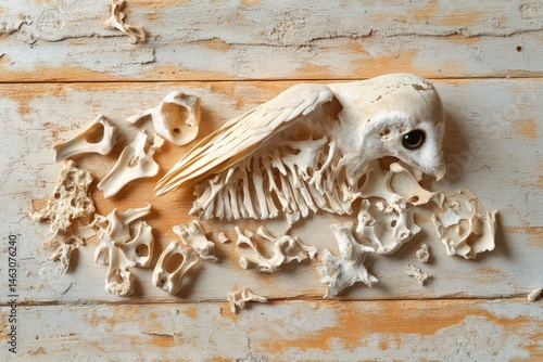 Owl skull and skeleton fragments arranged on a weathered, textured wooden surface with a rustic and somewhat morbid aesthetic.
