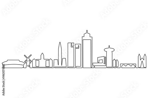 Continuous one line drawing of Amsterdam city skyline. Single line drawing illustration of Netherlands cityscape. Beautiful buildings and architecture concept vector art. Doodle line illustration.