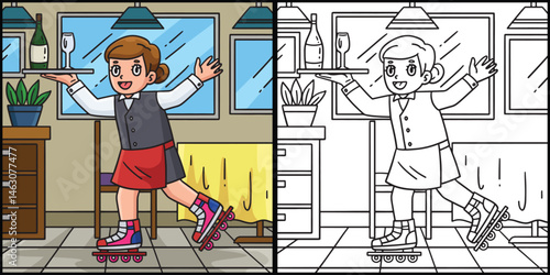 Female Inline Skates Waiter Coloring Illustration 
