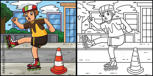 Inline Skater Avoiding Traffic Cone Illustration 