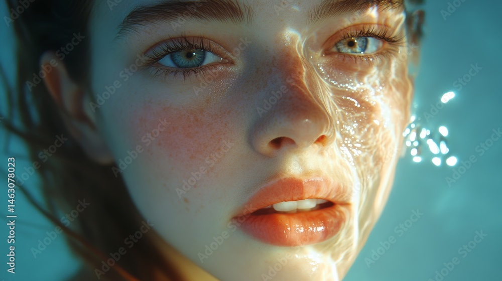 Close-up of young woman submerged in water with sunlight reflections highlighting her features in serene environment Close-up of young woman submerged in water with sunlight reflections highlighting her features in serene environment